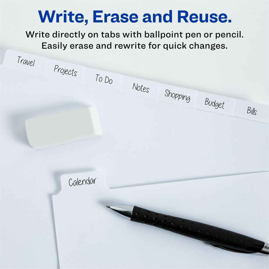 Avery® Big Tab Eraseable Write-On Dividers - 8 x Divider(s) - 8 Write-on Tab(s) - 8 - 8 Tab(s)/Set - 8.50" Divider Width x 11" Divider Length - 3 Hole Punched - White Paper Divider - White Paper Tab(s) - 8 / Set