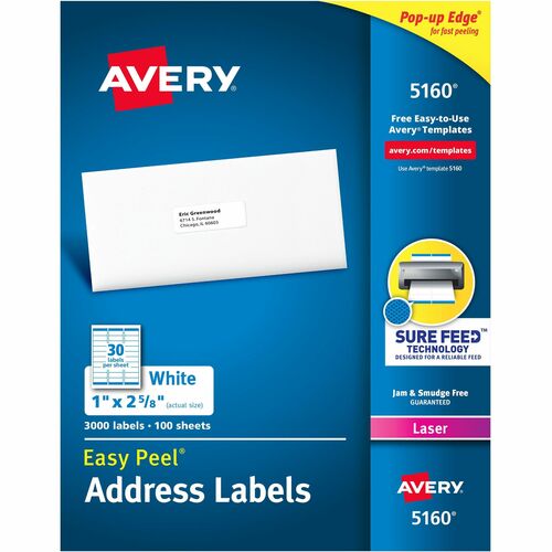 Avery® Easy Peel® Address Labels with Sure Feed™ Technology - 1" Width x 2 5/8" Length - Permanent Adhesive - Rectangle - Laser - White - Paper - 30 / Sheet - 100 Total Sheets - 3000 / Box