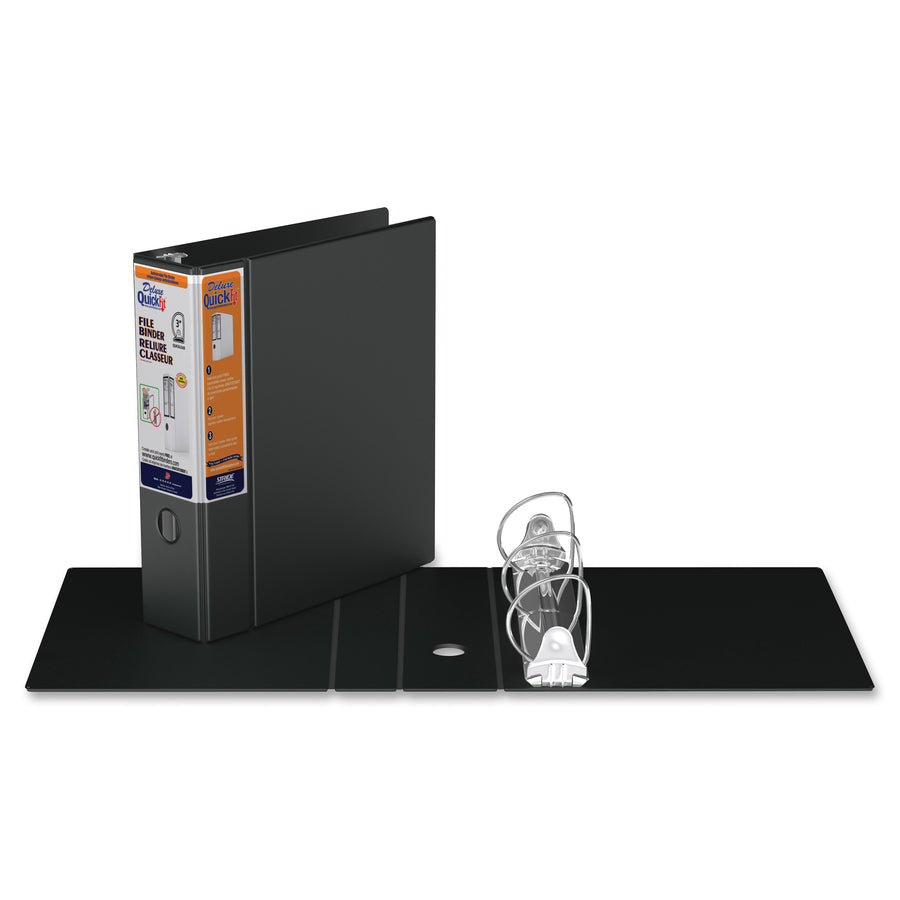 QuickFit D-Ring Deluxe File Binder - 3" Binder Capacity - 550 Sheet Capacity - D-Ring Fastener(s) - 2 Internal Pocket(s) - Vinyl - Black - Recycled - Label Holder, Heavy Duty, Reinforced Hole, Finger Hole, Antimicrobial, Ink-transfer Resistant - 1 Each