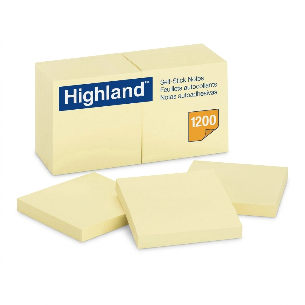 Highland Self-Sticking Notepads - 1200 - 3" x 3" - Square - 100 Sheets per Pad - Unruled - Yellow - Paper - Self-adhesive - 12 / Pack