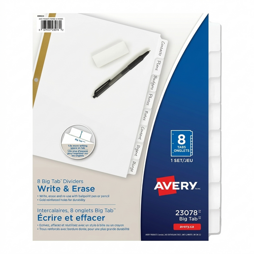 Avery® Big Tab Eraseable Write-On Dividers - 8 x Divider(s) - 8 Write-on Tab(s) - 8 - 8 Tab(s)/Set - 8.50" Divider Width x 11" Divider Length - 3 Hole Punched - White Paper Divider - White Paper Tab(s) - 8 / Set
