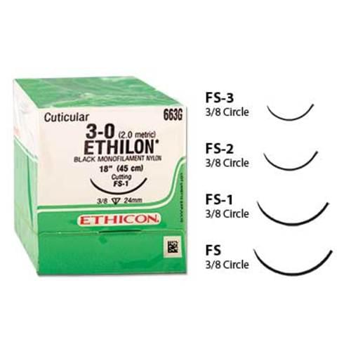 Ethicon Nylon Sutures 3-0 FS-1 24 mm Needle 18" 12/box