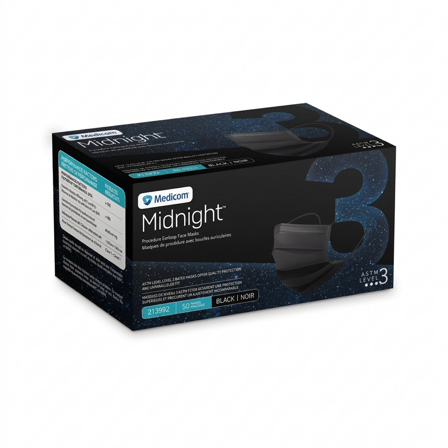 Medicom Midnight Level 3 Earloop Face Mask - Black (Box of 50)