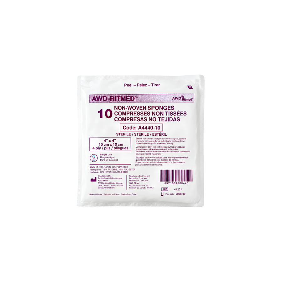Non-Woven Sponge, 4 x 4 in, 4-Ply, Sterile, Case of 100 x 10